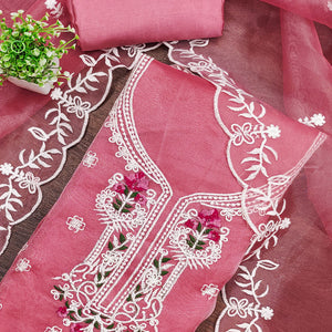 Lightweight Pink Organza Unstitched Suit Material with Intricate Floral Work