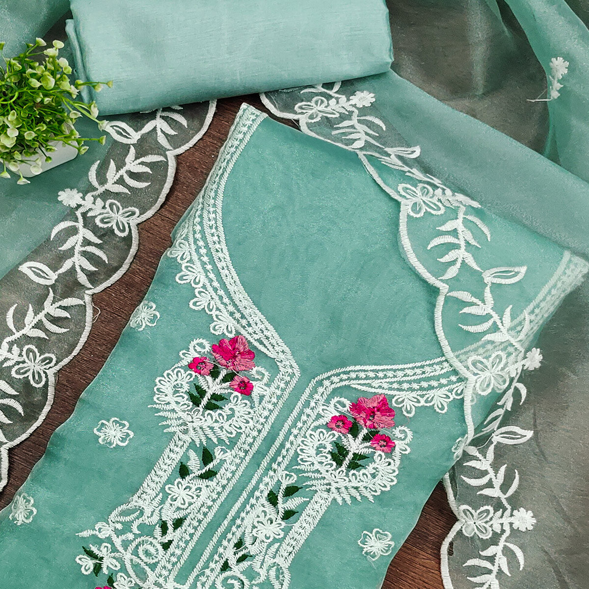 Lightweight Sea Green Organza Unstitched Suit Material with Intricate Floral Work