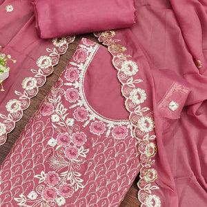 Designer Dusty Pink Floral Work Embroidered Georgette Unstitched Dress Material