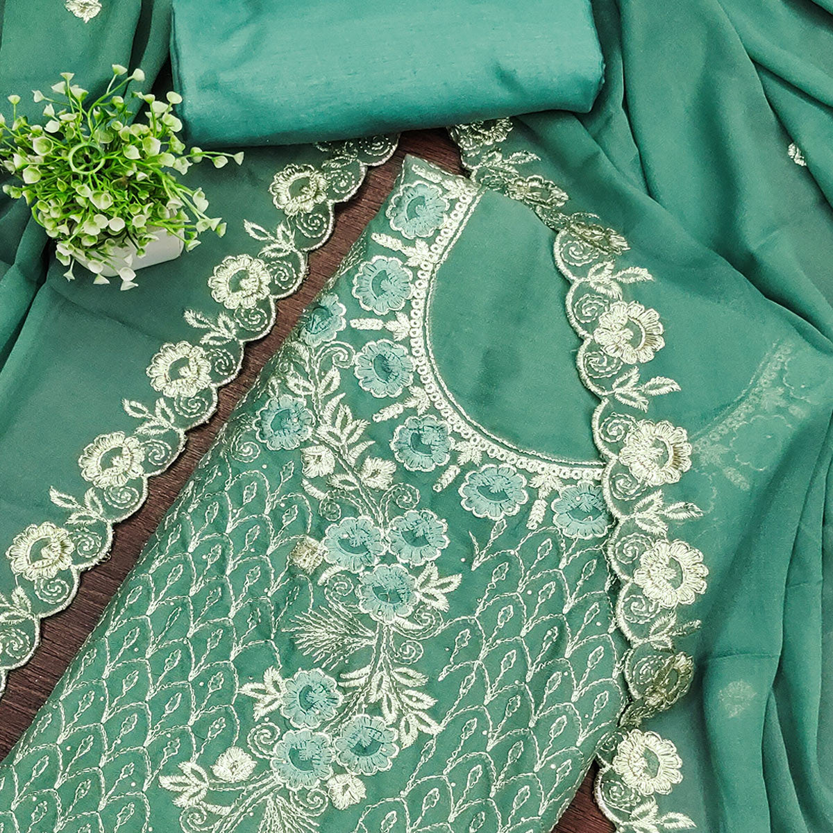 Designer Sea Green Floral Work Embroidered Georgette Unstitched Dress Material