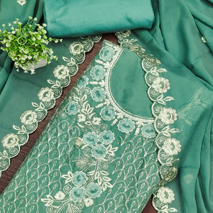 Designer Sea Green Floral Work Embroidered Georgette Unstitched Dress Material