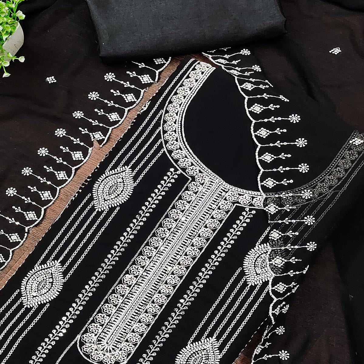 Black Star Georgette Suit Fabric Highlighted with Fine Thread Embroidery Work