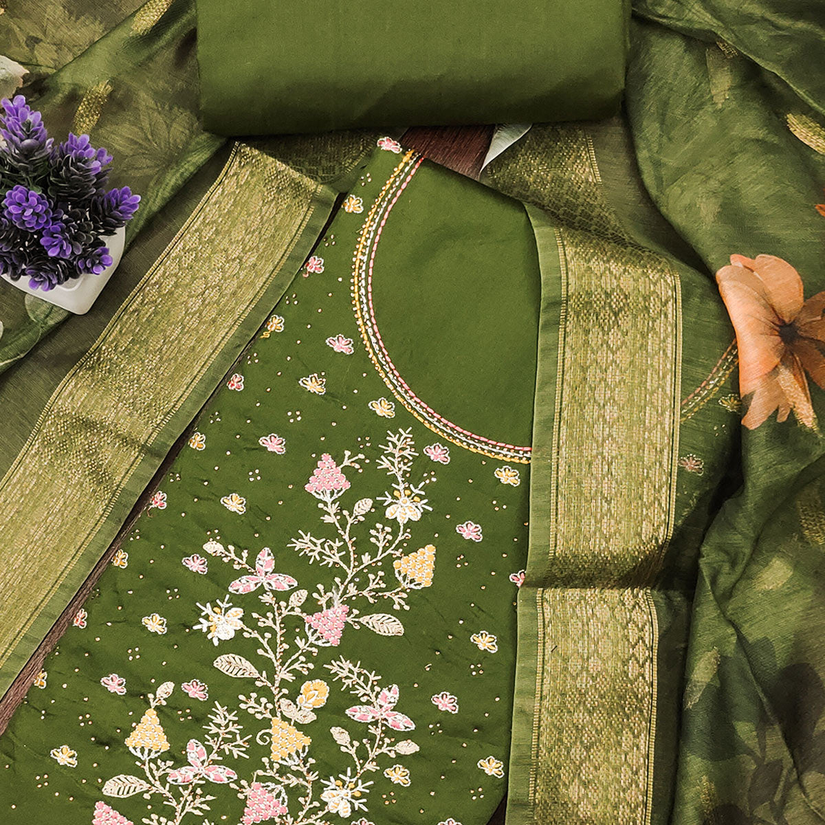 Soft Green Cotton Blend Unstitched Suit Material with Delicate Floral Embroidery