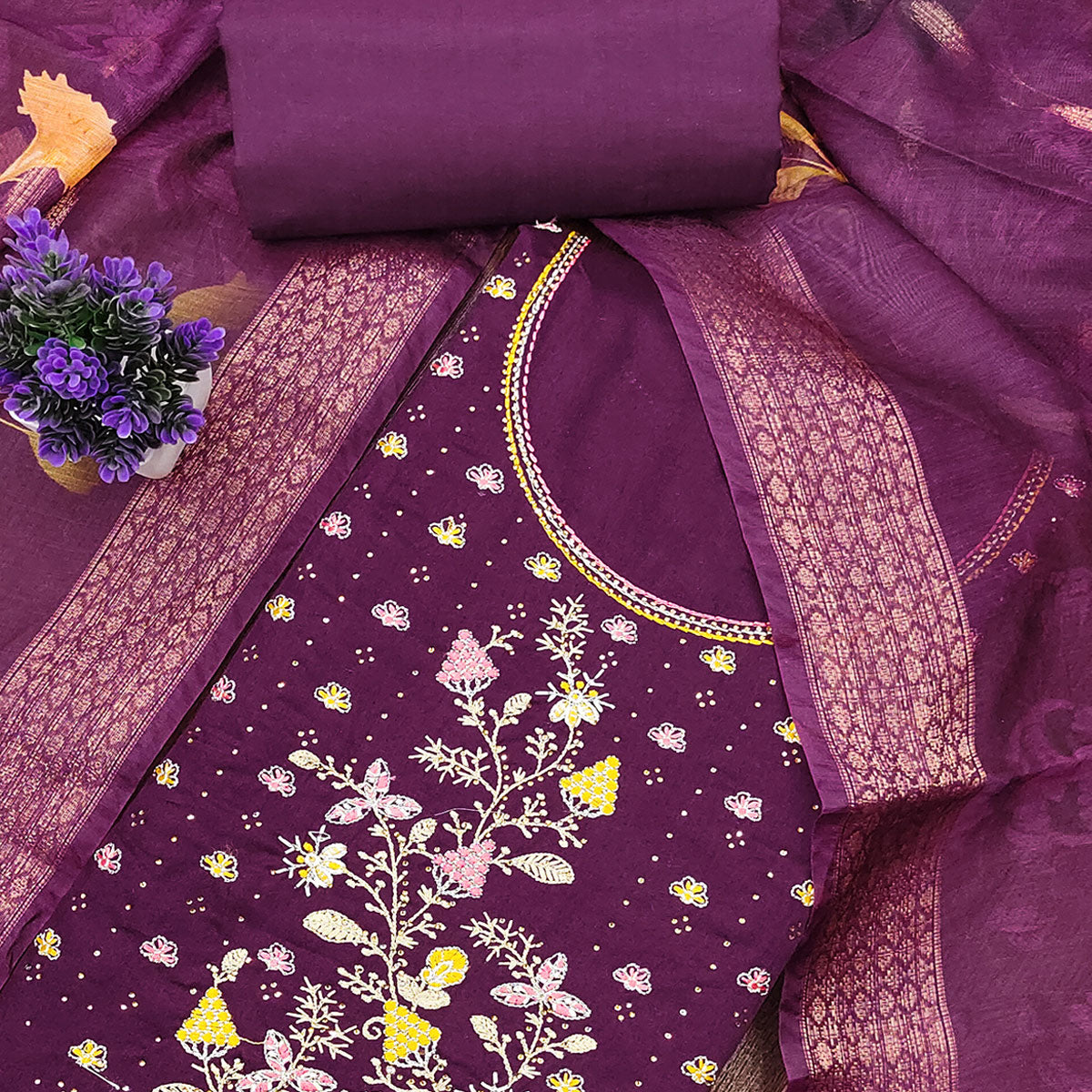 Soft Purple Cotton Blend Unstitched Suit Material with Delicate Floral Embroidery