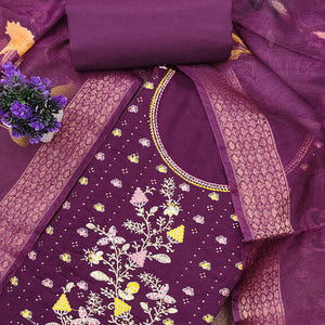 Soft Purple Cotton Blend Unstitched Suit Material with Delicate Floral Embroidery