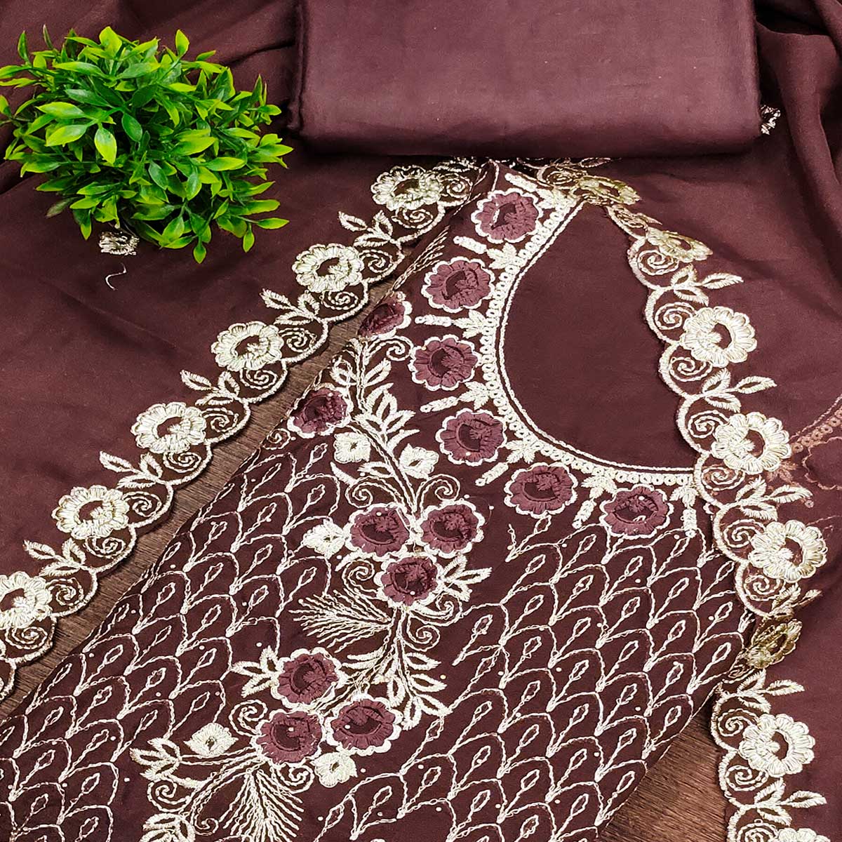 Brown Georgette Dress Material Decorated with Artistic Thread Embroidery Designs