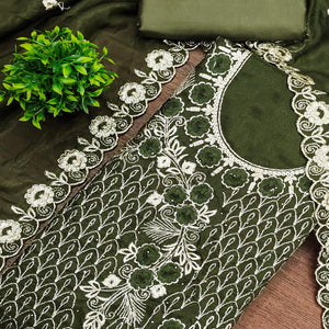 Green Georgette Dress Material Decorated with Artistic Thread Embroidery Designs