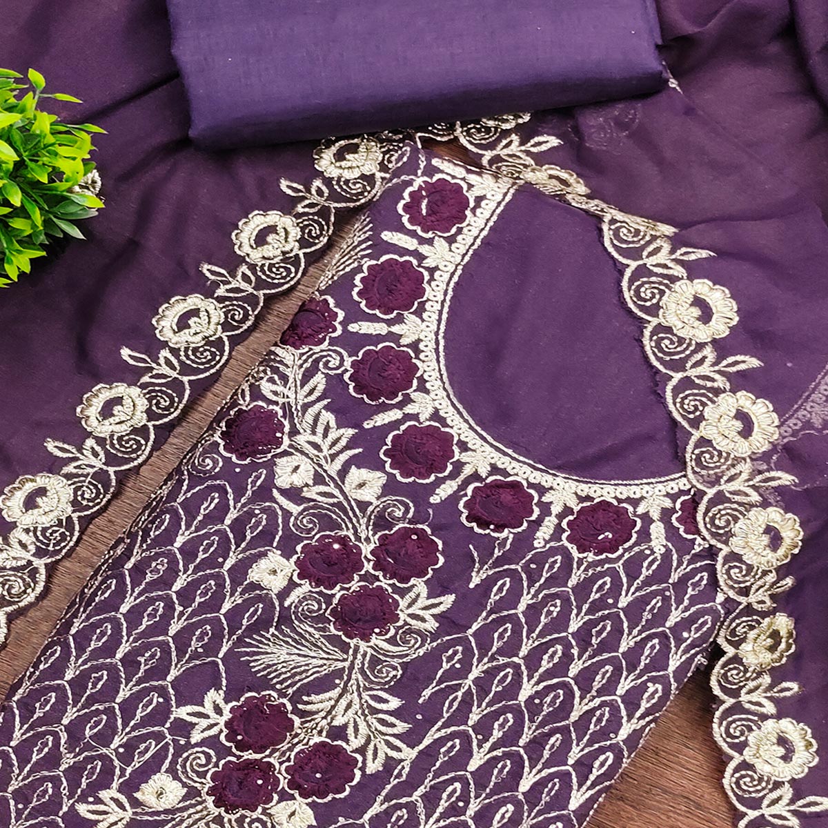 Purple Georgette Dress Material Decorated with Artistic Thread Embroidery Designs