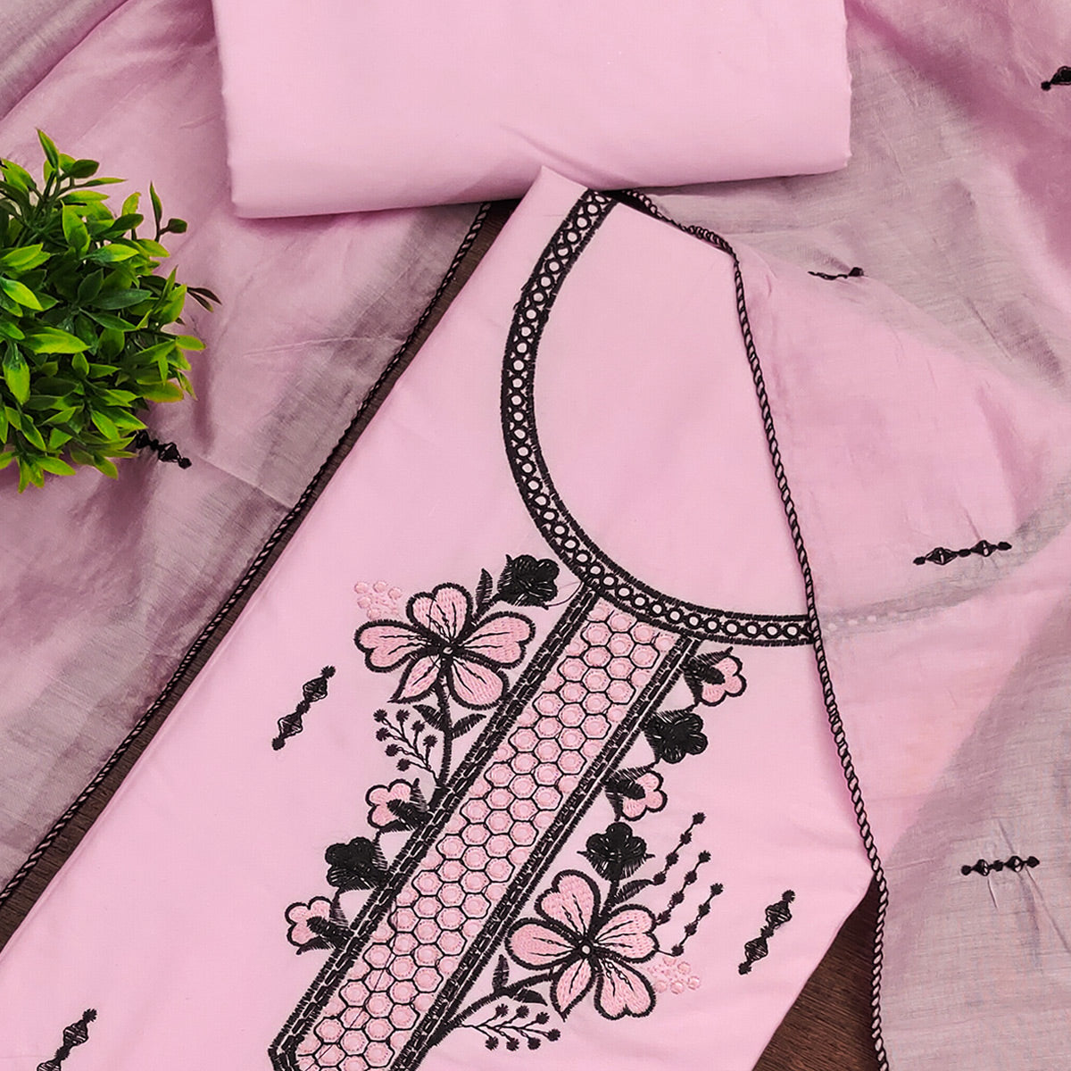 Elegant Pink Cotton Blend Dress Material with Delicate Thread Embroidered Detailing