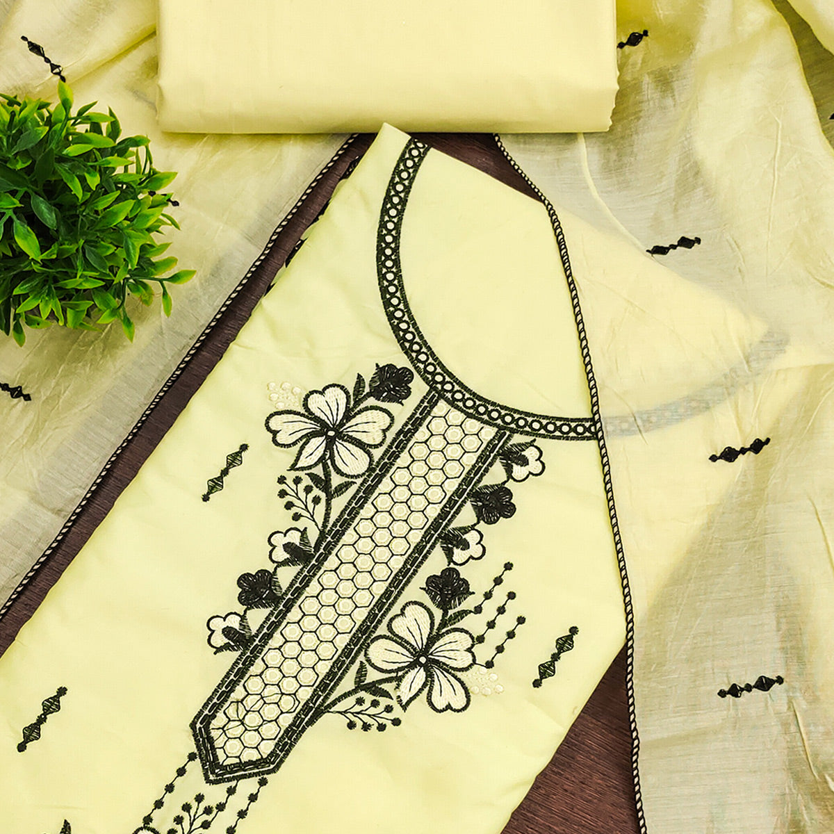 Elegant Yellow Cotton Blend Dress Material with Delicate Thread Embroidered Detailing