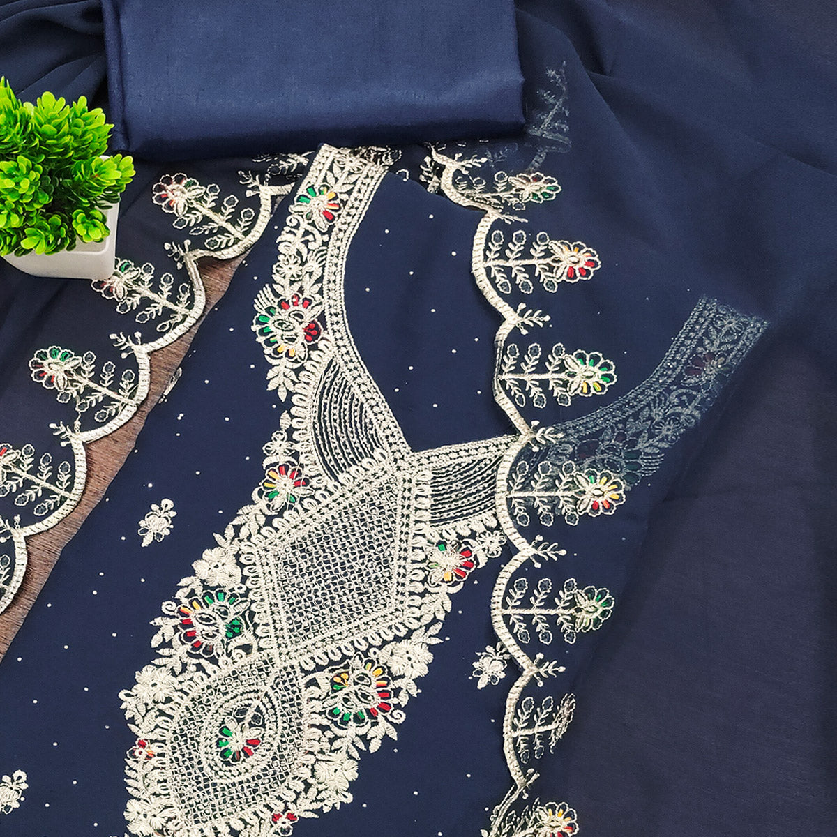 Blue Georgette Dress Material Adorned With Elegant Floral Embroidery & Shimmering Swarovski Work