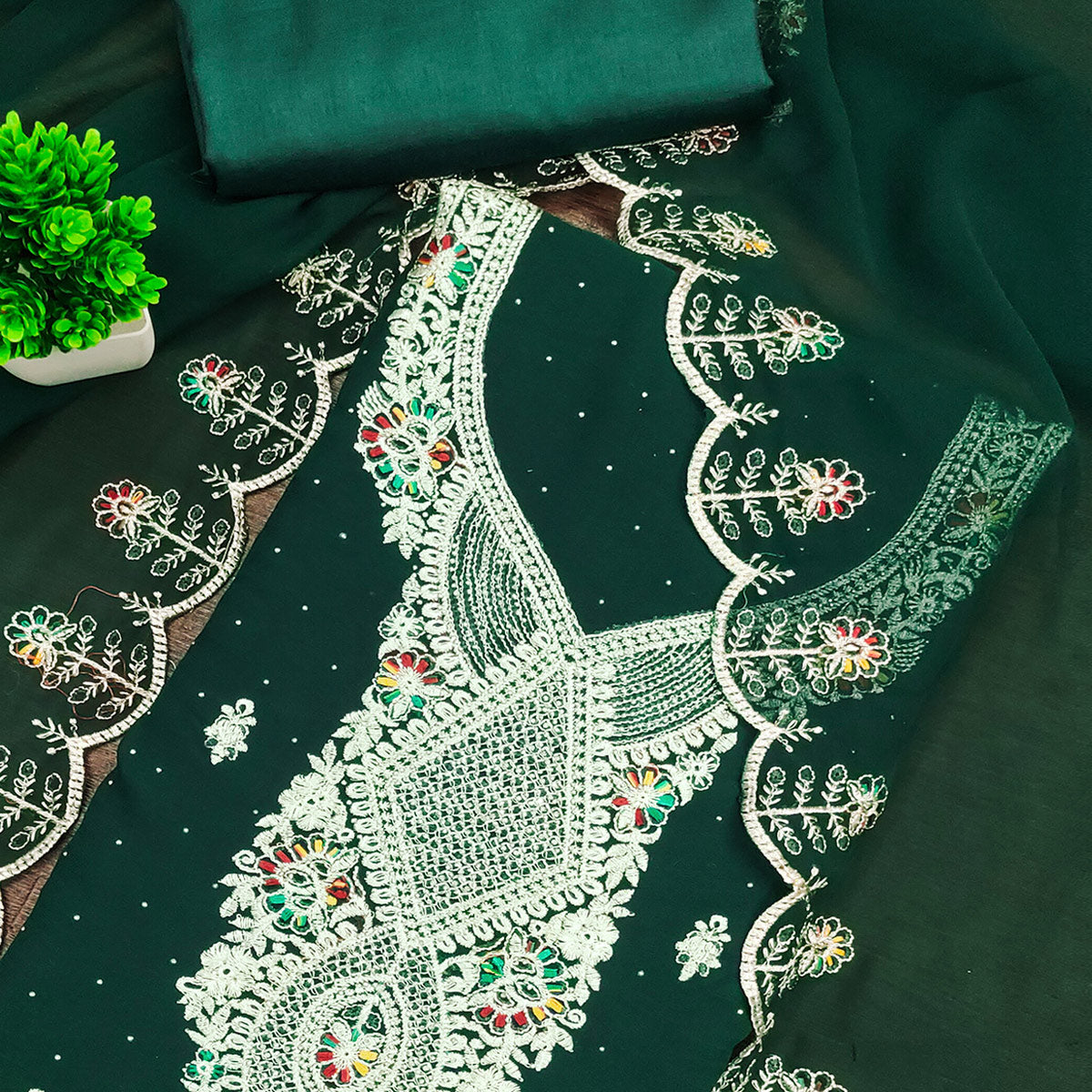 Green Georgette Dress Material Adorned With Elegant Floral Embroidery & Shimmering Swarovski Work