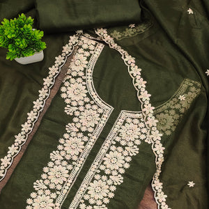 Chic Mehendi Green Floral Thread Embroidered Star Georgette Unstitched Suit Fabric