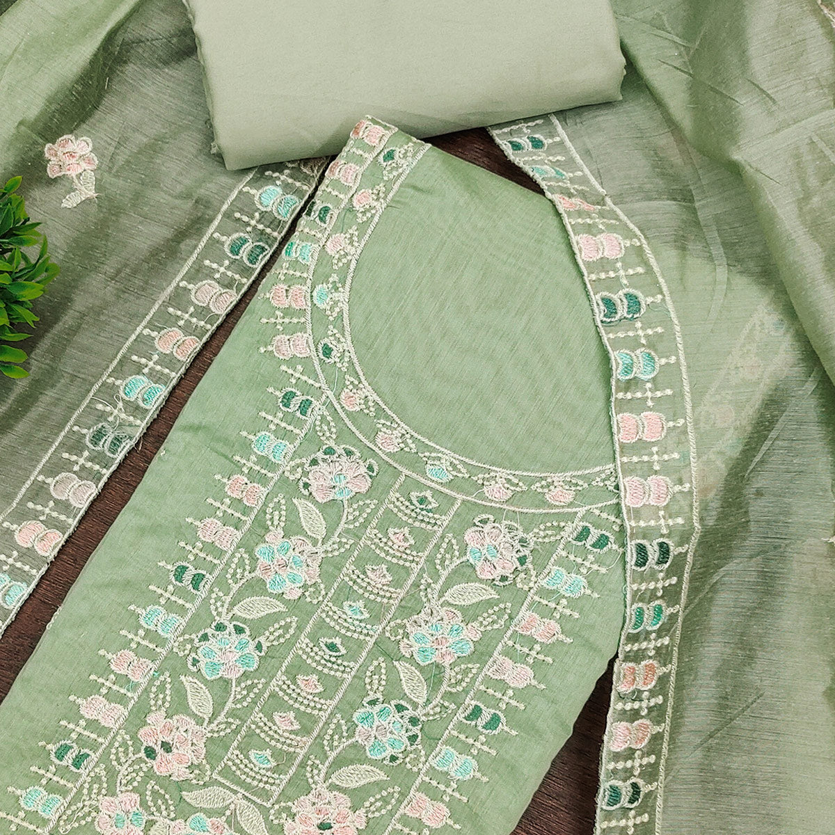 Green Unstitched Suit Material in Premium Floral Thread Embroidered Chanderi Silk