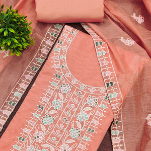 Peach Unstitched Suit Material in Premium Floral Thread Embroidered Chanderi Silk