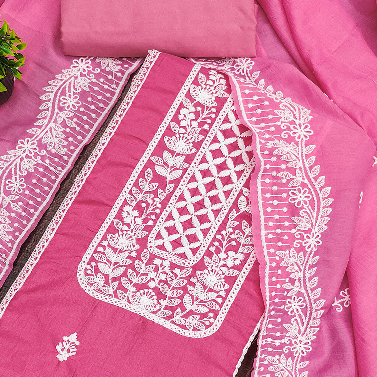 Dark Pink Unstitched Suit Material in Luxurious Cotton Silk with Exquisite Floral Embroidery
