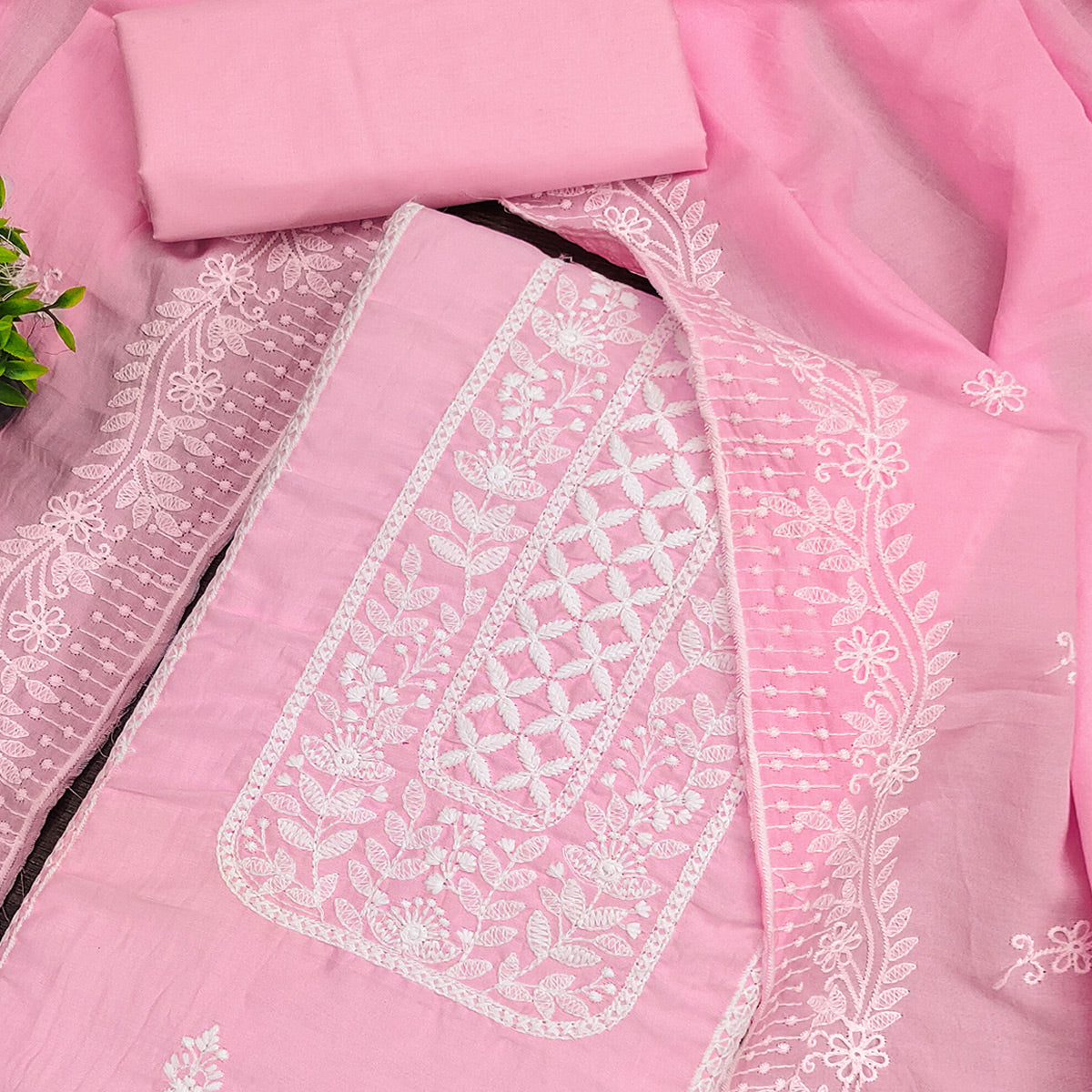 Light Pink Unstitched Suit Material in Luxurious Cotton Silk with Exquisite Floral Embroidery