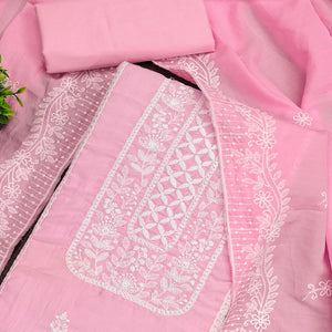 Light Pink Unstitched Suit Material in Luxurious Cotton Silk with Exquisite Floral Embroidery