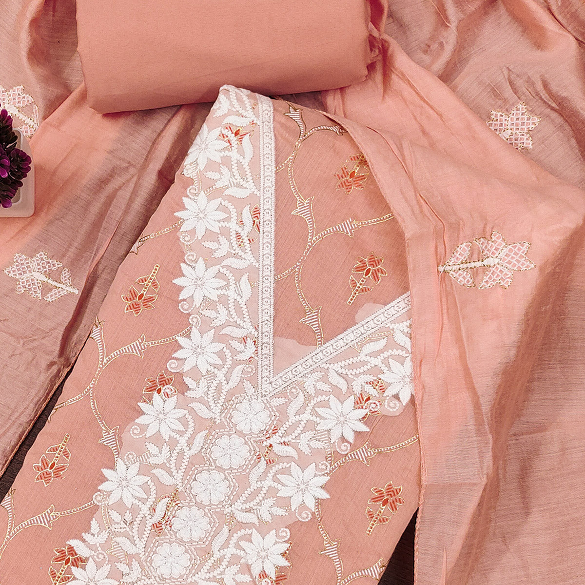 Feminine Peach Floral Thread Work Chanderi Silk Fabric for Traditional & Festive Outfits