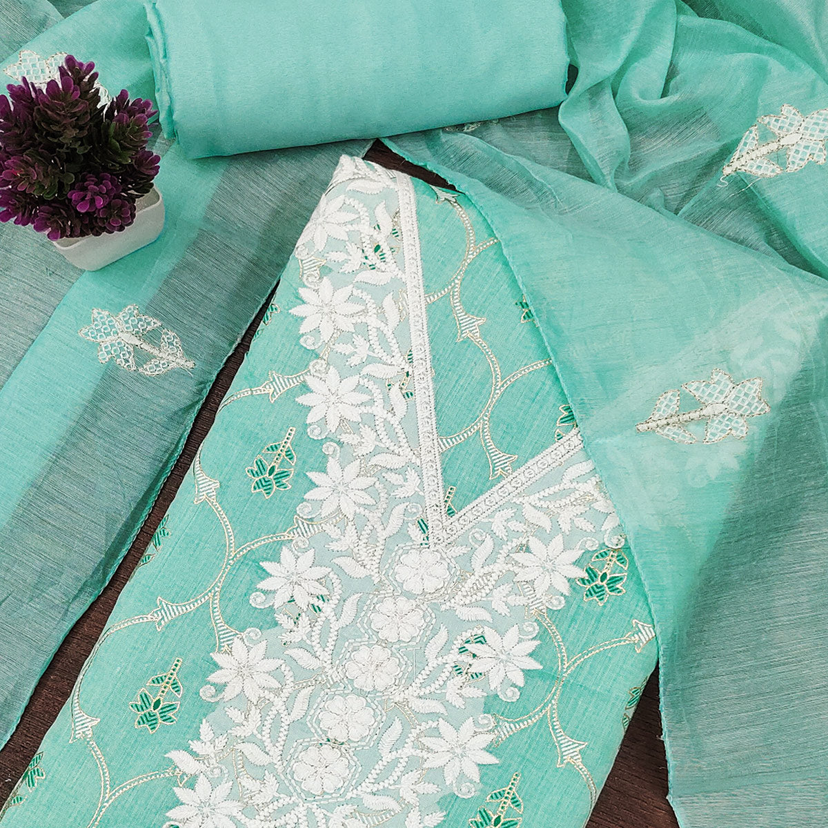Feminine Turquoise Floral Thread Work Chanderi Silk Fabric for Traditional & Festive Outfits