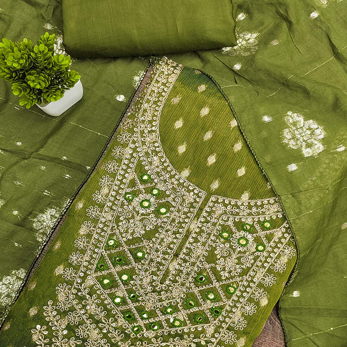 Green Embroidered Shimmer Fabric with Beautiful Zari Work for Unstitched Suits
