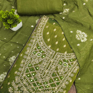 Green Embroidered Shimmer Fabric with Beautiful Zari Work for Unstitched Suits