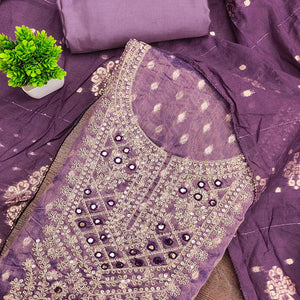 Lavender Embroidered Shimmer Fabric with Beautiful Zari Work for Unstitched Suits
