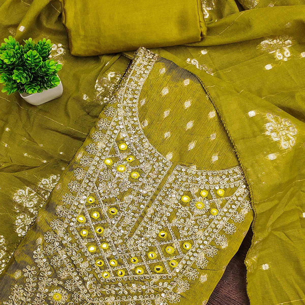 Olive Embroidered Shimmer Fabric with Beautiful Zari Work for Unstitched Suits