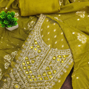 Olive Embroidered Shimmer Fabric with Beautiful Zari Work for Unstitched Suits