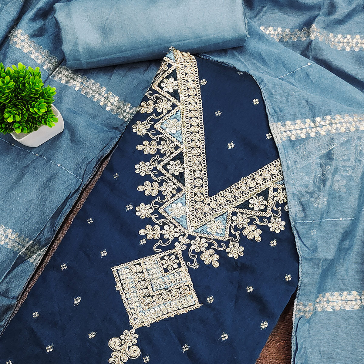 Festive Blue Chanderi Silk Suit Material with Detailed Zari Weaving and Hand Embroidery