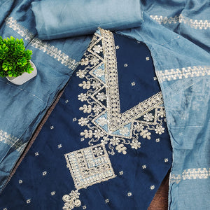 Festive Blue Chanderi Silk Suit Material with Detailed Zari Weaving and Hand Embroidery