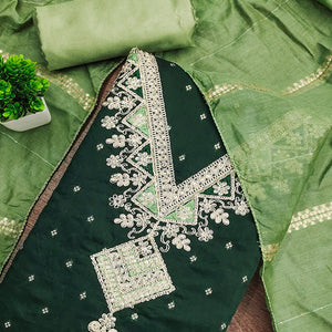 Festive Green Chanderi Silk Suit Material with Detailed Zari Weaving and Hand Embroidery