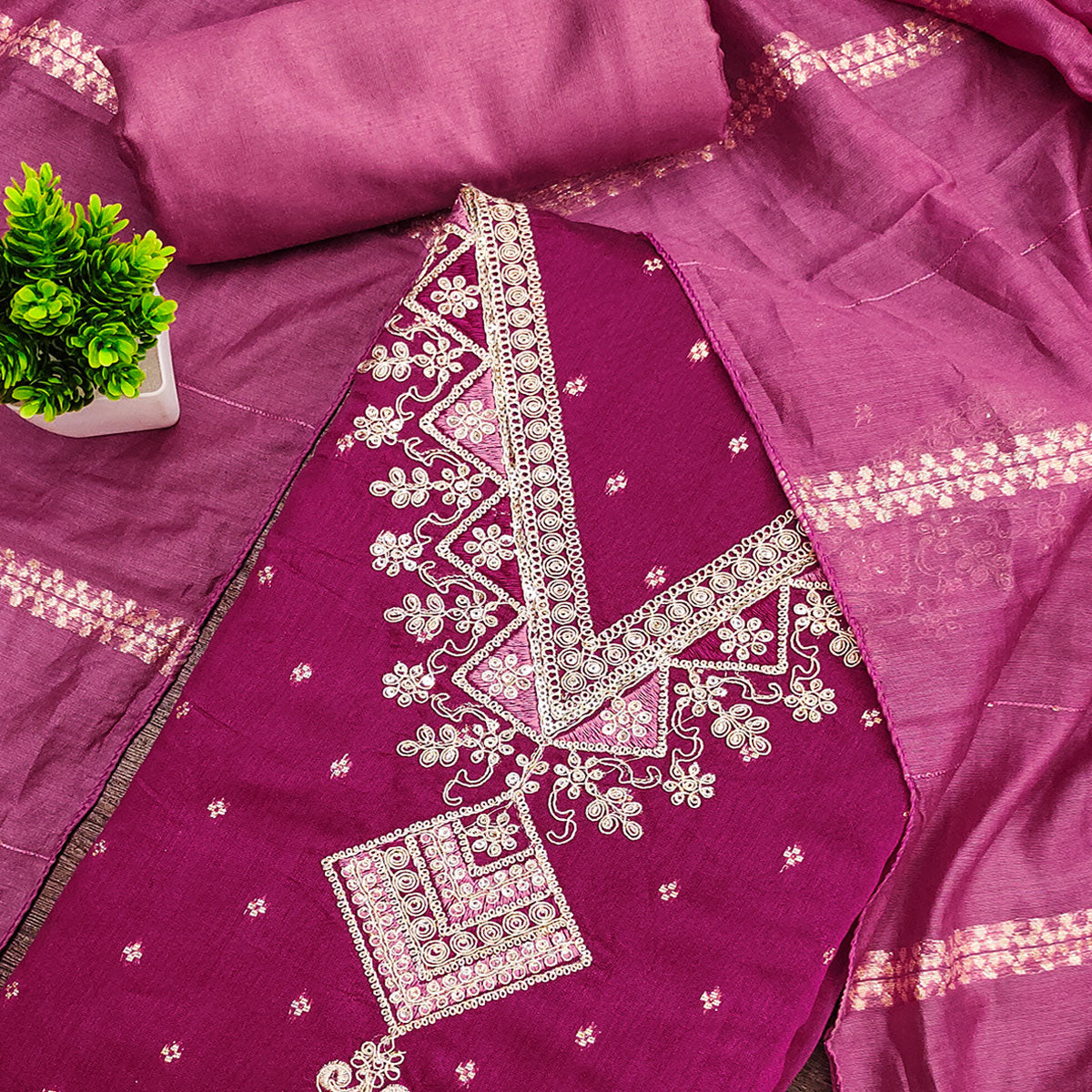 Festive Pink Chanderi Silk Suit Material with Detailed Zari Weaving and Hand Embroidery