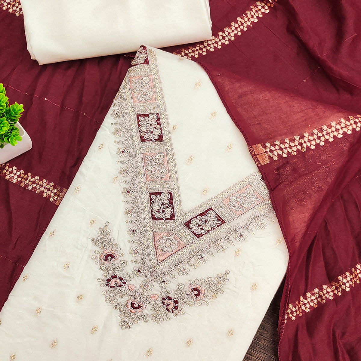 Off-White & Maroon Chanderi Silk Unstitched Dress Material with Zari Weaving and Embroidery