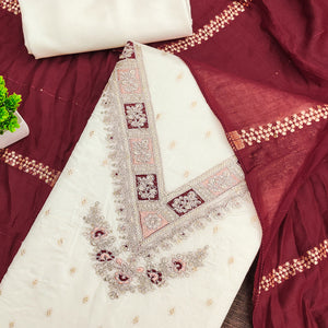 Off-White & Maroon Chanderi Silk Unstitched Dress Material with Zari Weaving and Embroidery