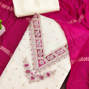 Off-White & Pink Chanderi Silk Unstitched Dress Material with Zari Weaving and Embroidery