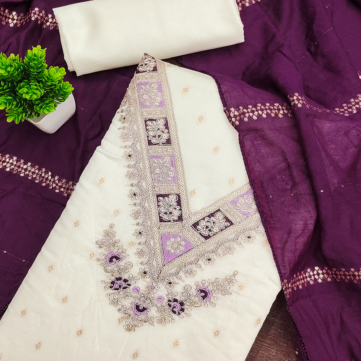 Off-White & Purple Chanderi Silk Unstitched Dress Material with Zari Weaving and Embroidery