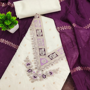 Off-White & Purple Chanderi Silk Unstitched Dress Material with Zari Weaving and Embroidery