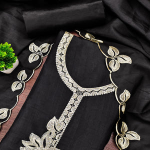 Classic Black Heavy Embroidered Cotton Blend Dress Material With Floral Thread Detailing