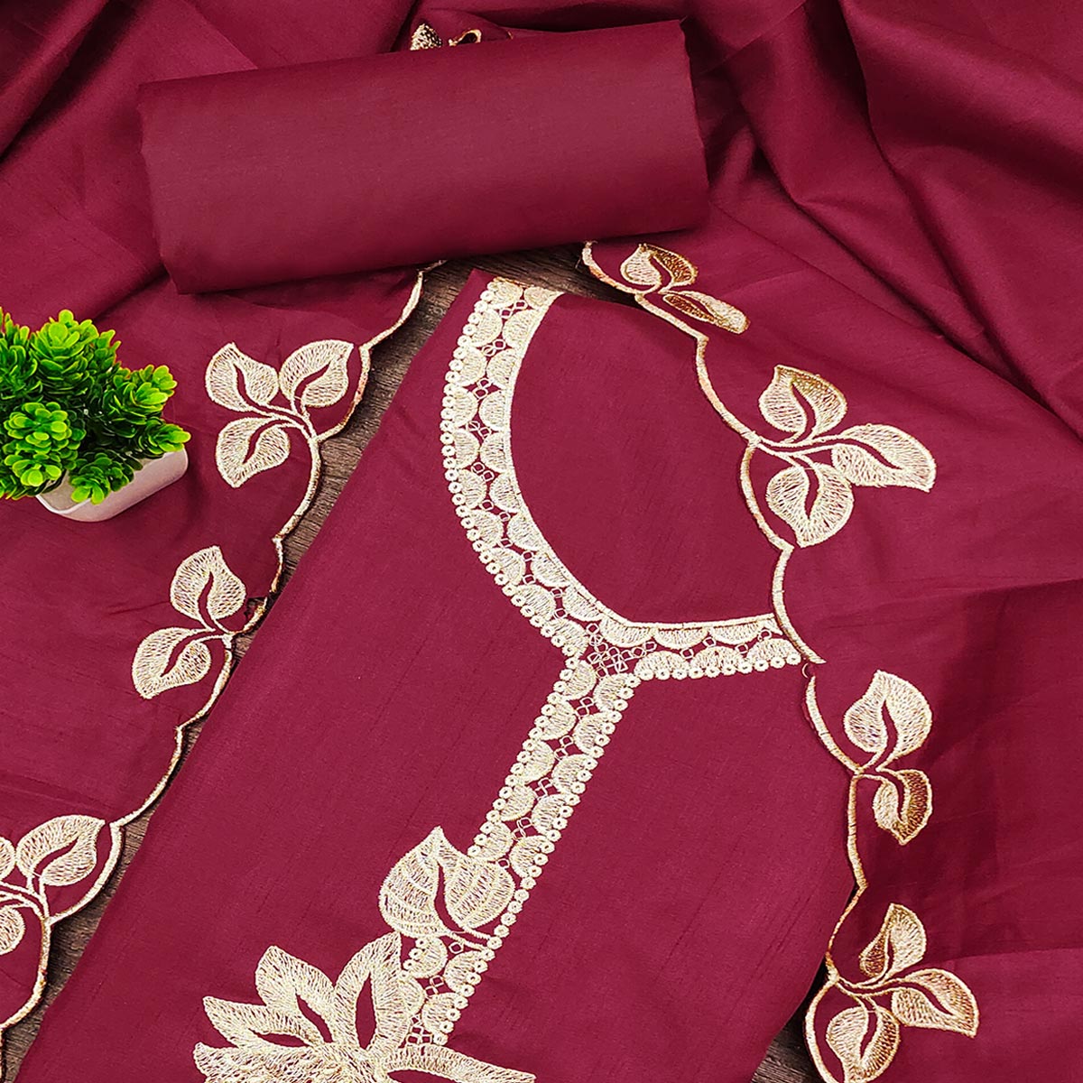 Classic Maroon Heavy Embroidered Cotton Blend Dress Material With Floral Thread Detailing