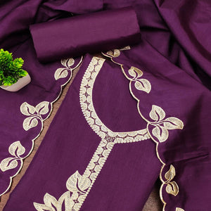 Classic Purple Heavy Embroidered Cotton Blend Dress Material With Floral Thread Detailing