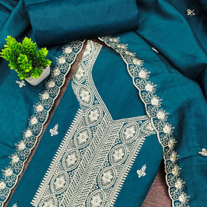 Blue Dress Material In Cotton Blend Featuring Exquisite Floral Embroidery