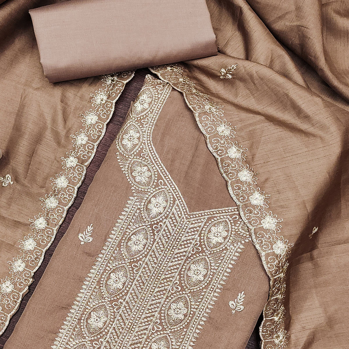 Brown Dress Material In Cotton Blend Featuring Exquisite Floral Embroidery