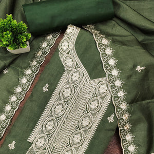 Green Dress Material In Cotton Blend Featuring Exquisite Floral Embroidery