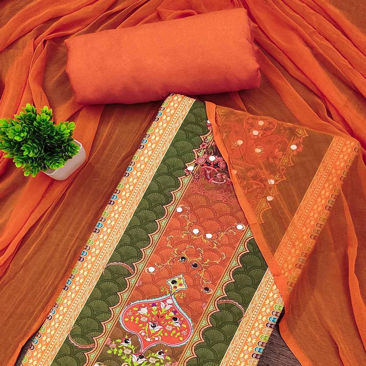 Stylish Green Floral Digital Printed Rayon Dress Material Adorned With Mirror Embellishments