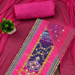 Stylish Rani Pink Floral Digital Printed Rayon Dress Material Adorned With Mirror Embellishments