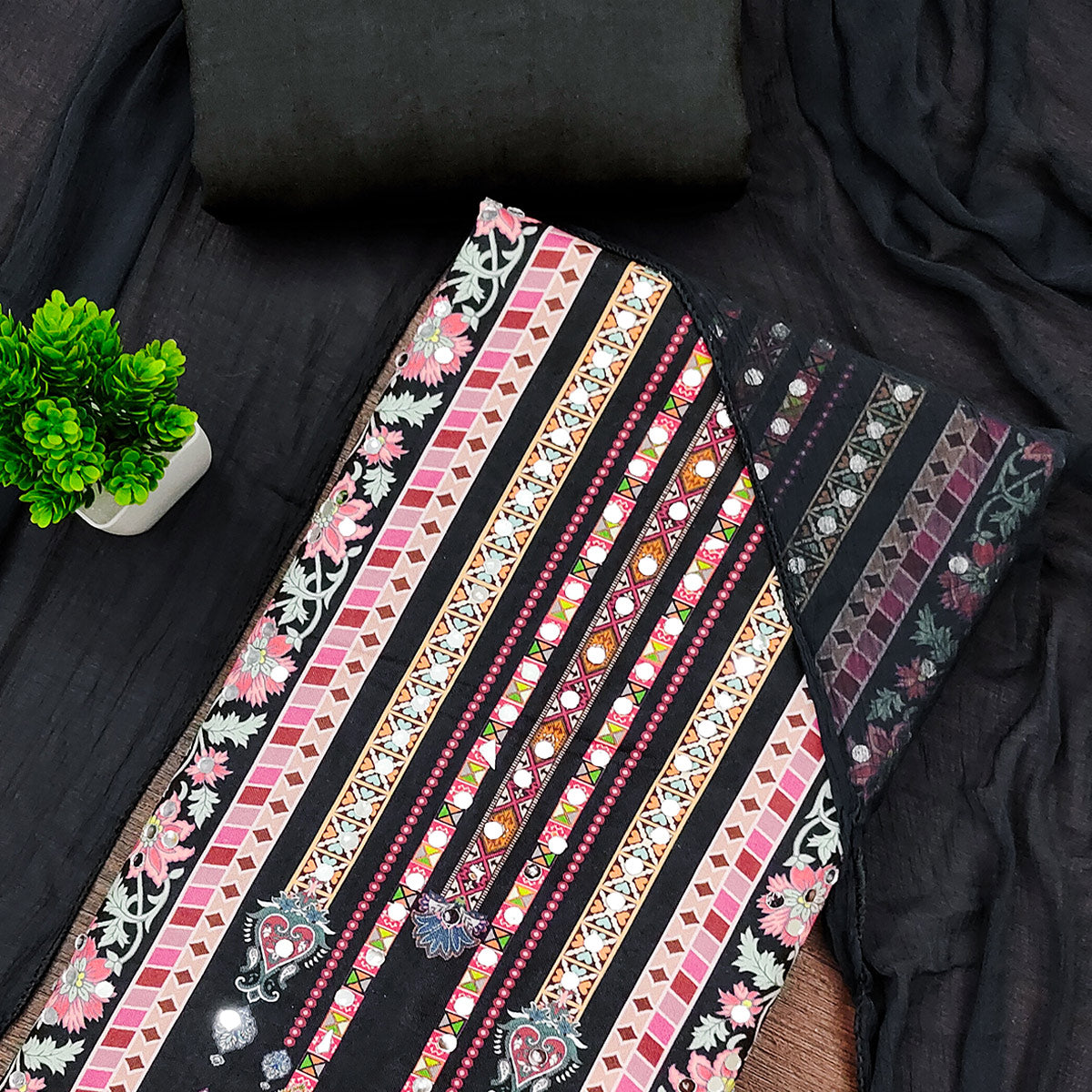 Black Paisley & Floral Digital Printed Rayon Dress Material With Intricate Mirror Work