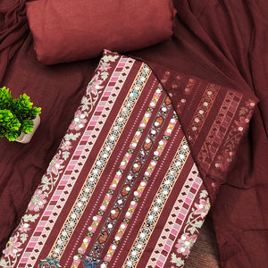 Rust Paisley & Floral Digital Printed Rayon Dress Material With Intricate Mirror Work