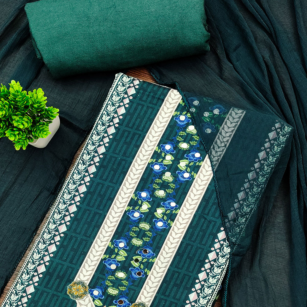 Green Floral Digital Printed Rayon Dress Material Highlighted With Mirror Work