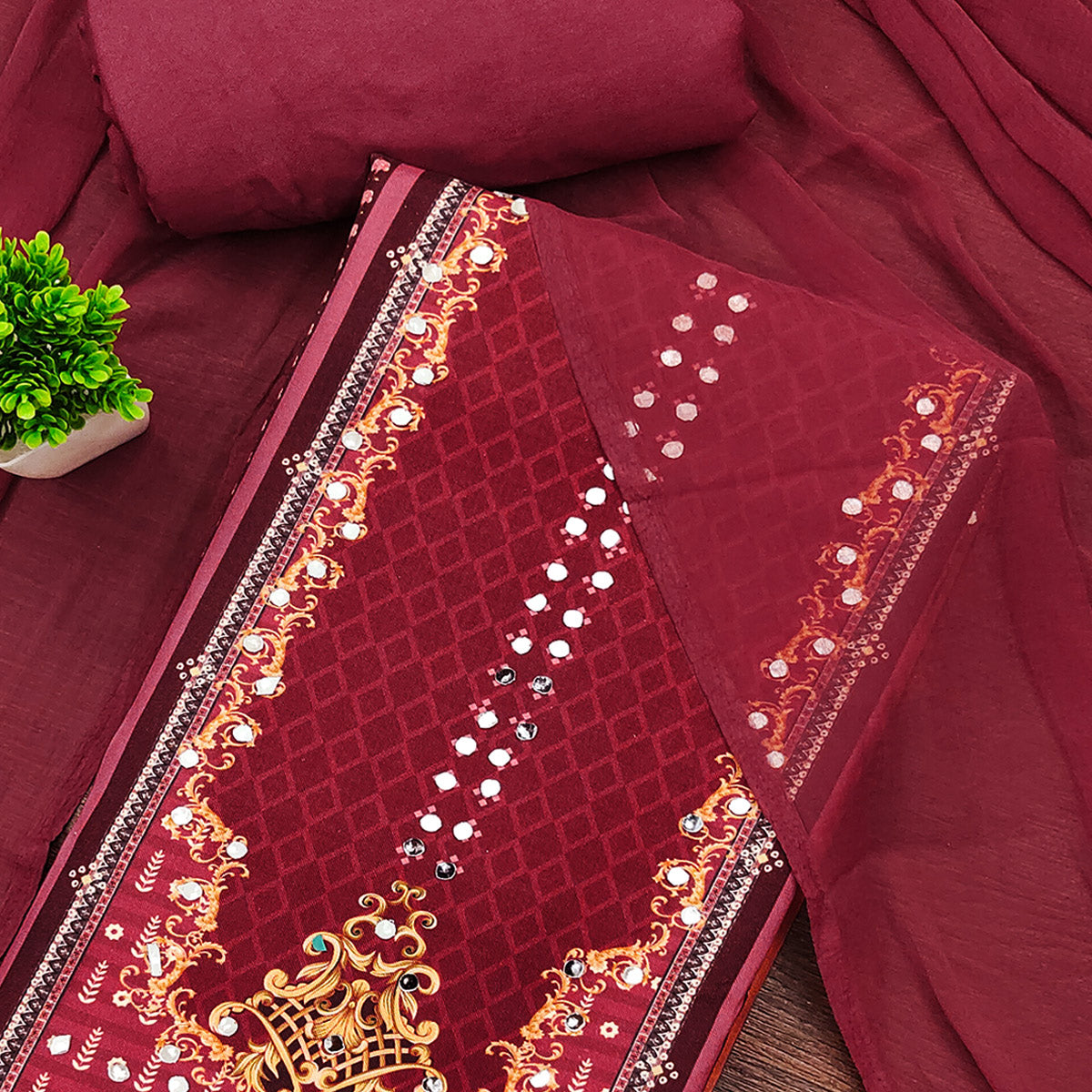 Maroon Rayon Dress Material With Floral Digital Print & Sparkling Mirror Accents